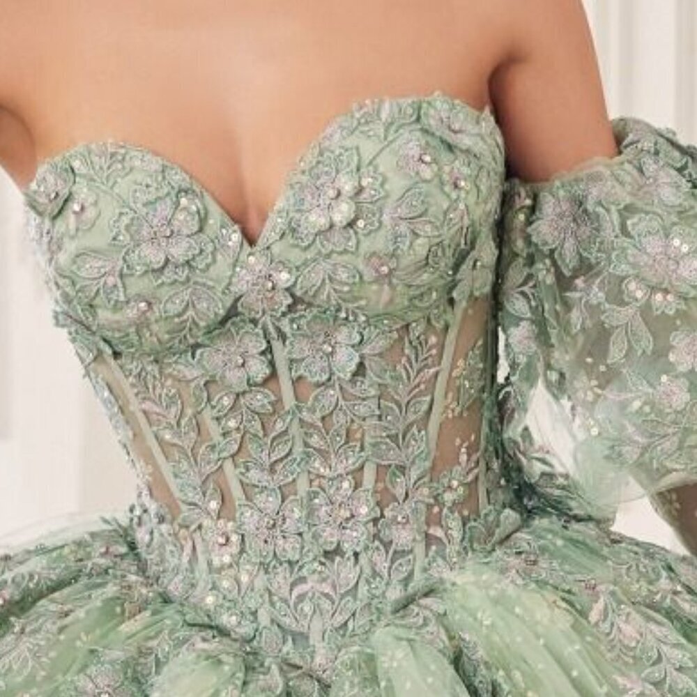 N/A NEW LONG QUINCEANERA MAXI TULLE BALL GOWN W/ REMOVABLE PUFF SLEEVES CD 15722 - Picture 6 of 12